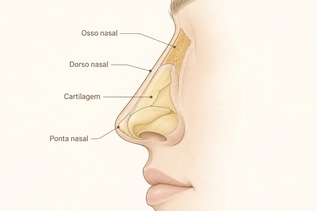 Ilustração da anatomia do nariz: osso nasal, dorso nasal, cartilagem e ponta nasal