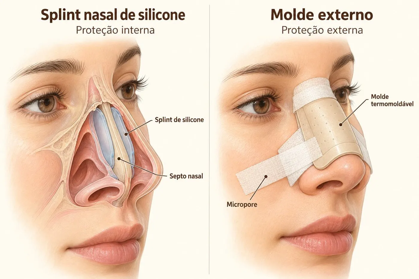 Splint nasal de silicone (proteção interna) e molde externo termomoldável (proteção externa) após rinoplastia